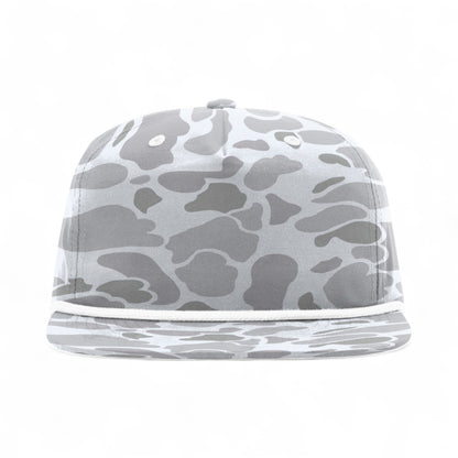 Front view of Richardson 256P custom hat in blizzard duck camo and white