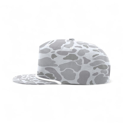 Left side view of Richardson 256P custom hat in blizzard duck camo and white
