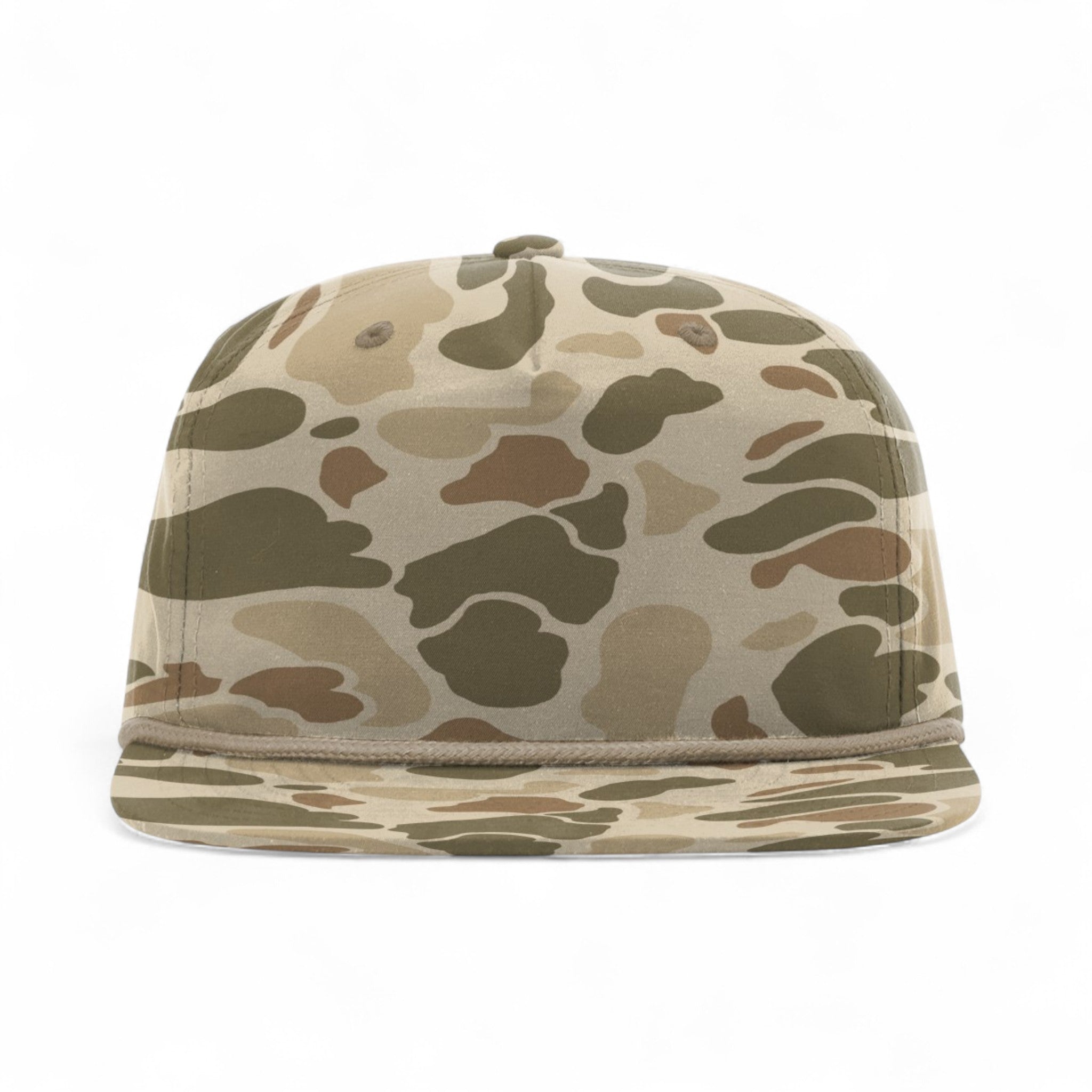 Front view of Richardson 256P custom hat in harvest duck camo and light brown
