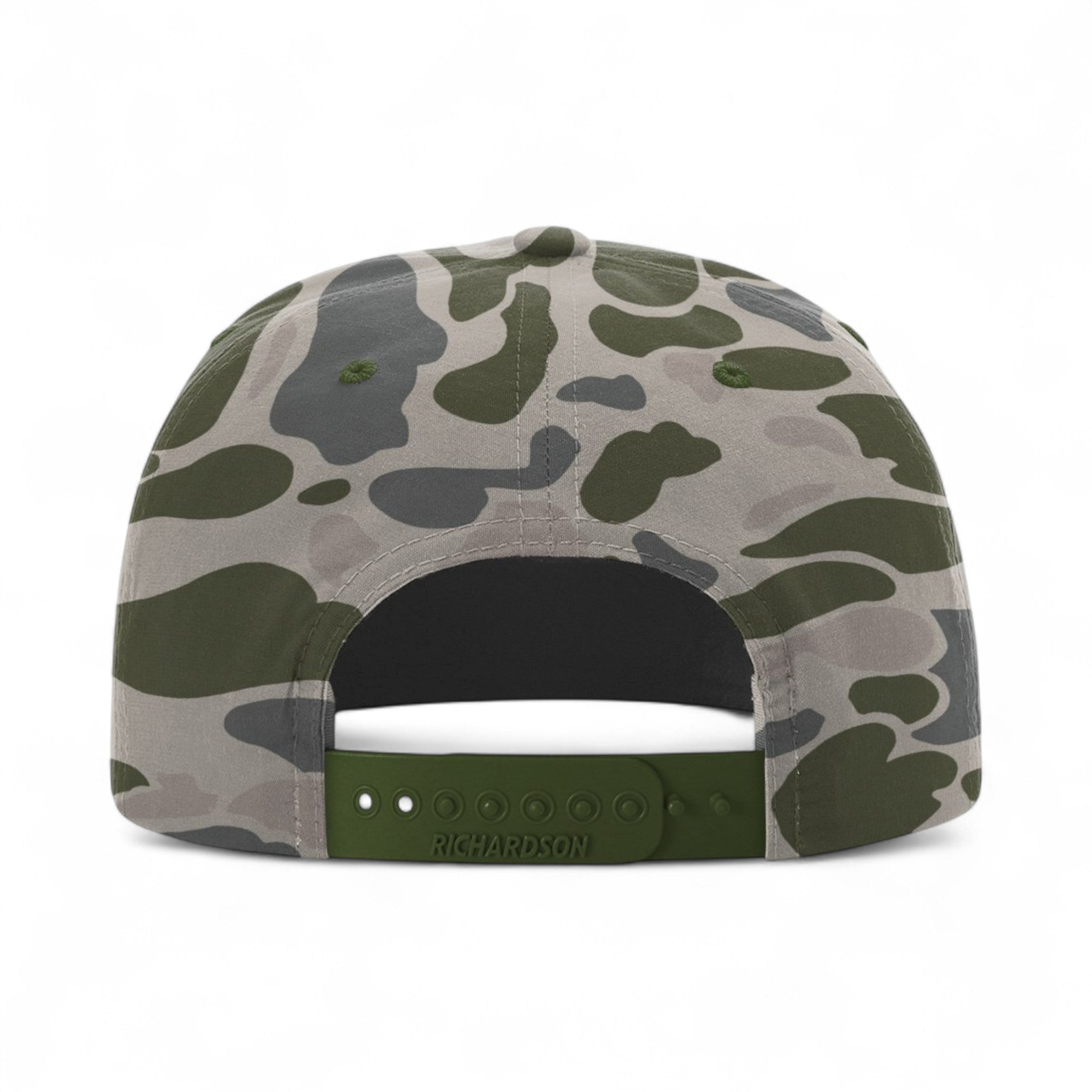 Back view of Richardson 256P custom hat in marsh duck camo and olive green