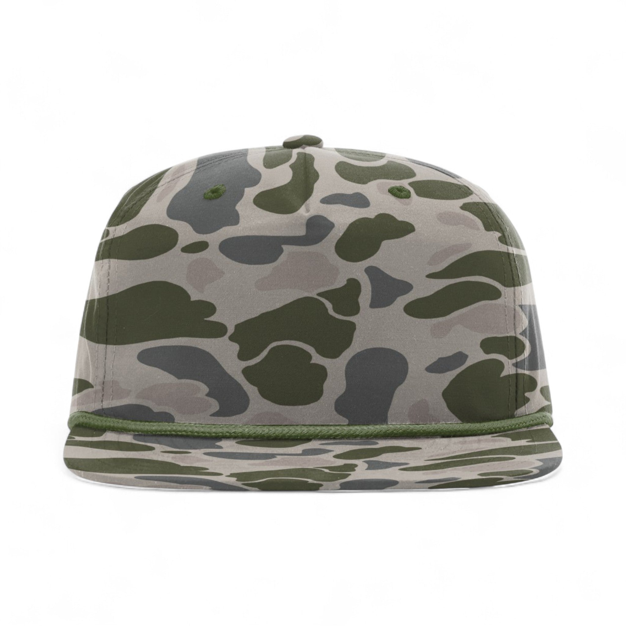 Front view of Richardson 256P custom hat in marsh duck camo and olive green
