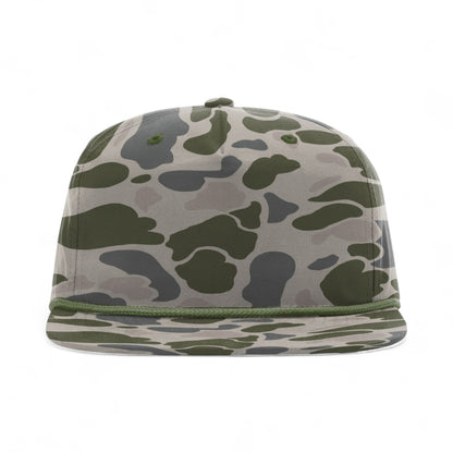 Front view of Richardson 256P custom hat in marsh duck camo and olive green