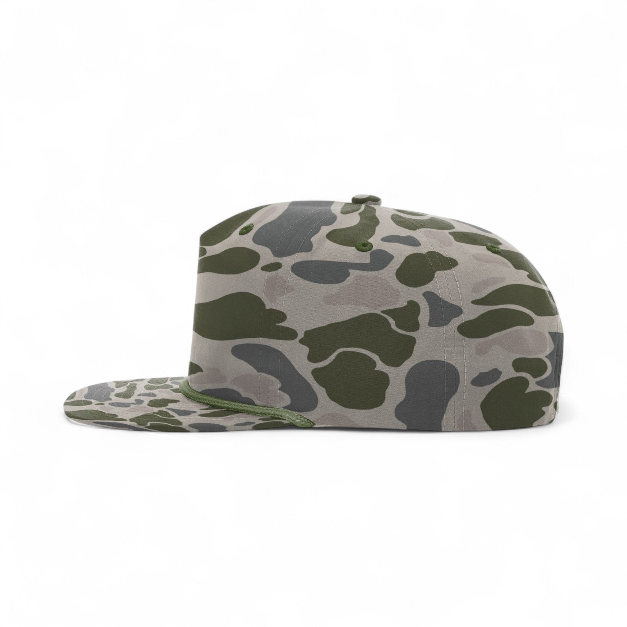 Left side view of Richardson 256P custom hat in marsh duck camo and olive green