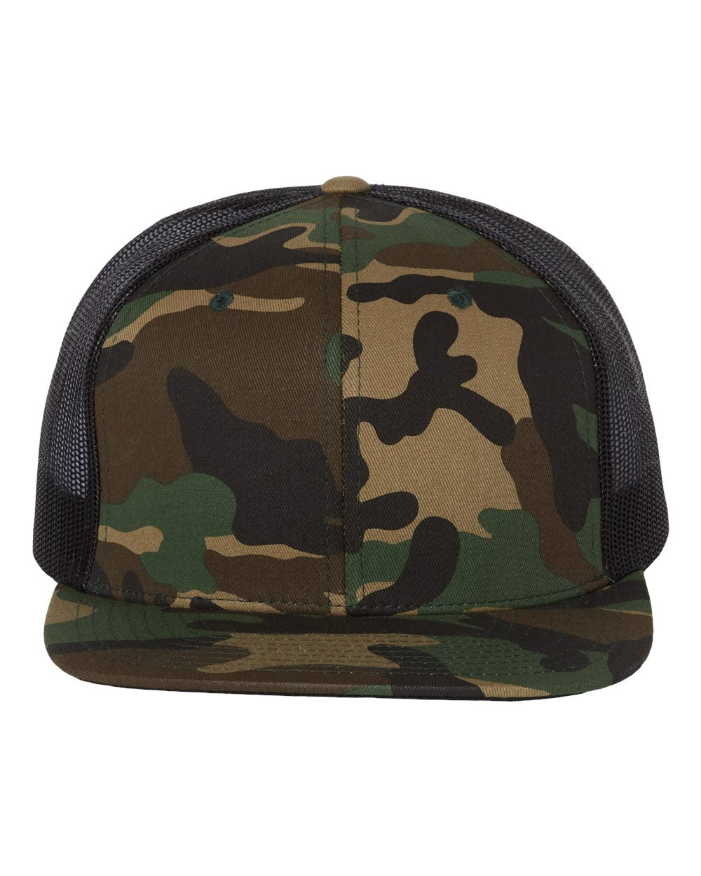 Front view of Richardson 511 custom hat in green camo and black