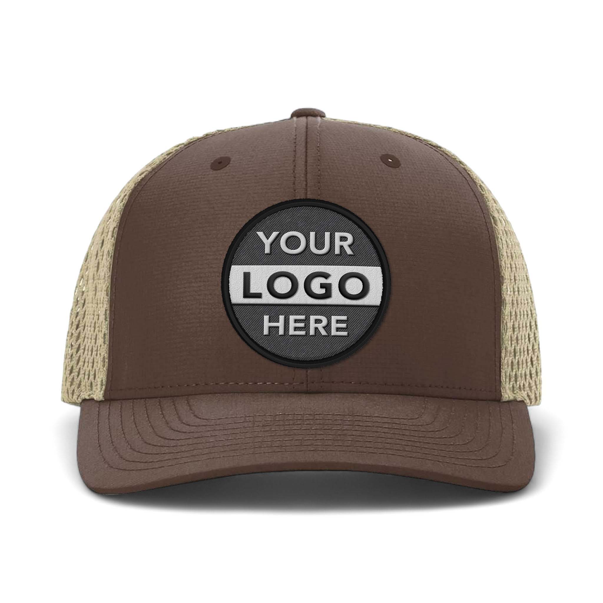 Richardson 835 custom embroidered patch hat in brown and khaki