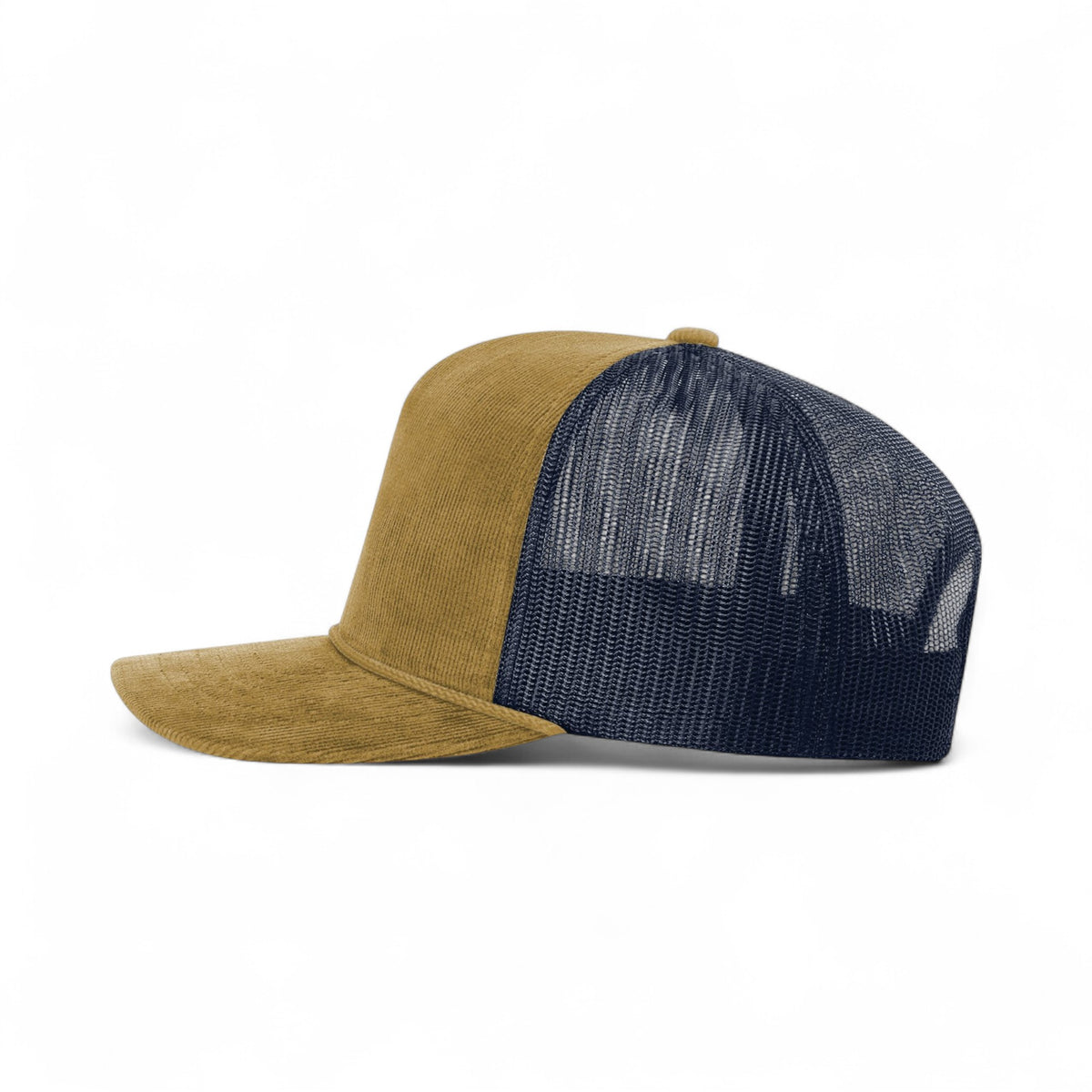 Left side view of Richardson 930 custom hat in amber gold and navy