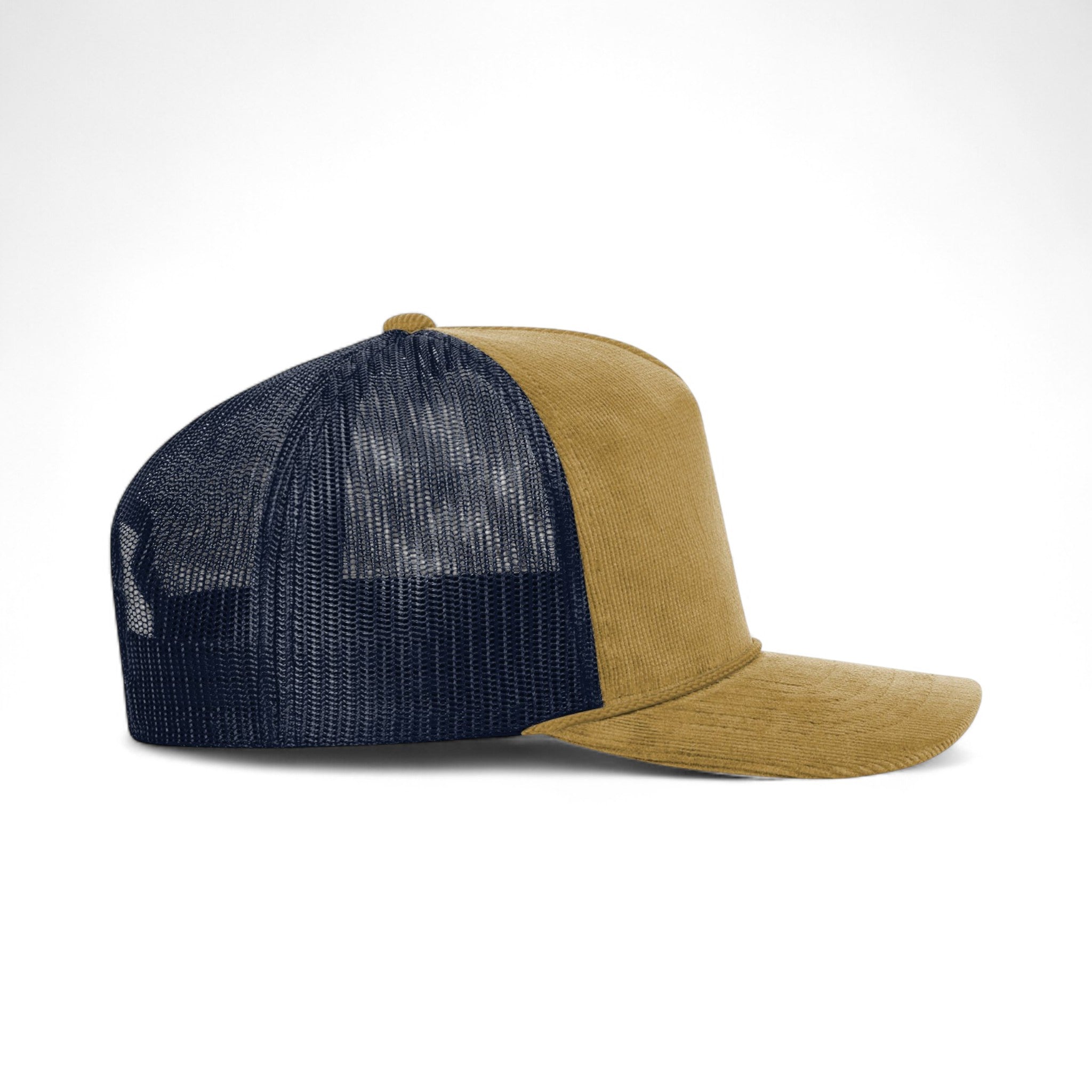 Right side view of Richardson 930 custom hat in amber gold and navy