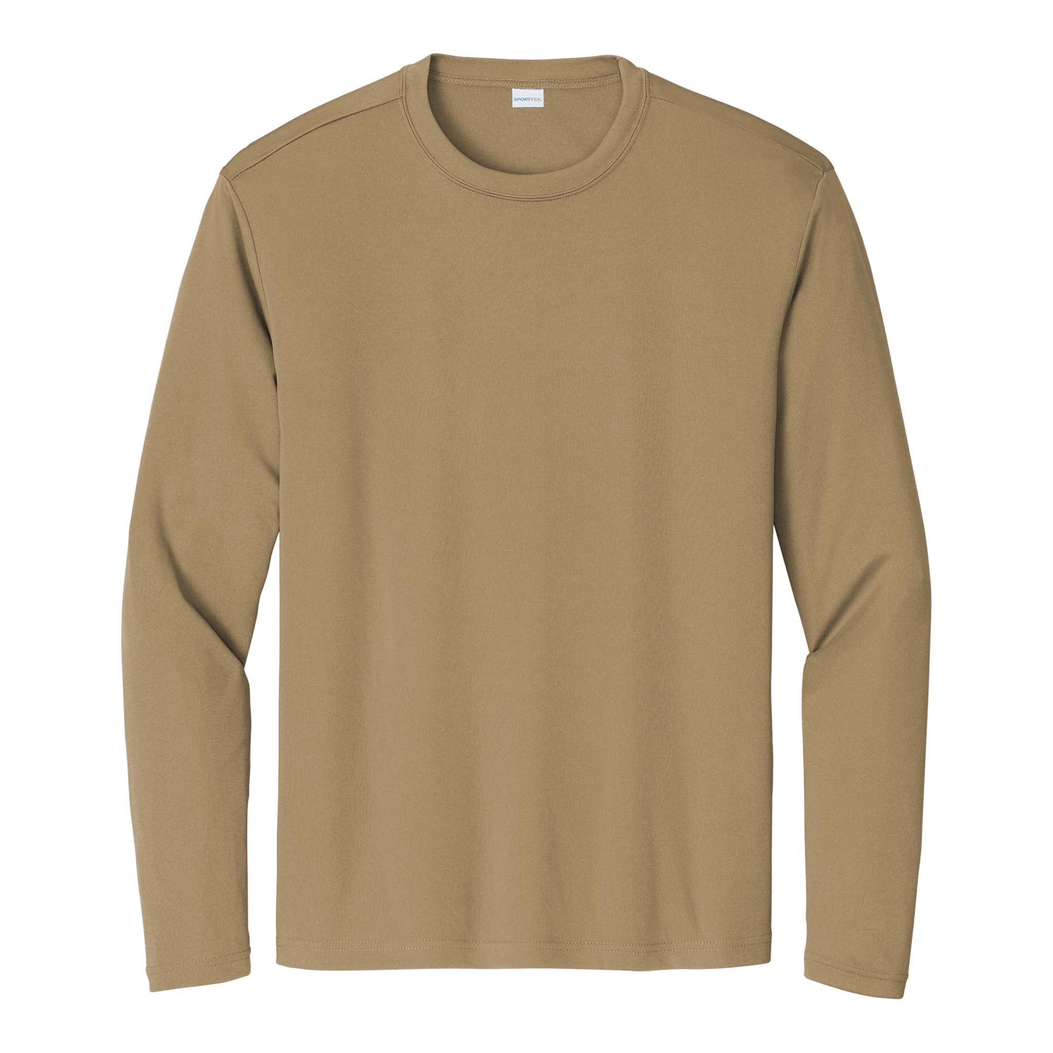 Sport-Tek ST350LS custom long sleeve t-shirt in coyote brown, front view
