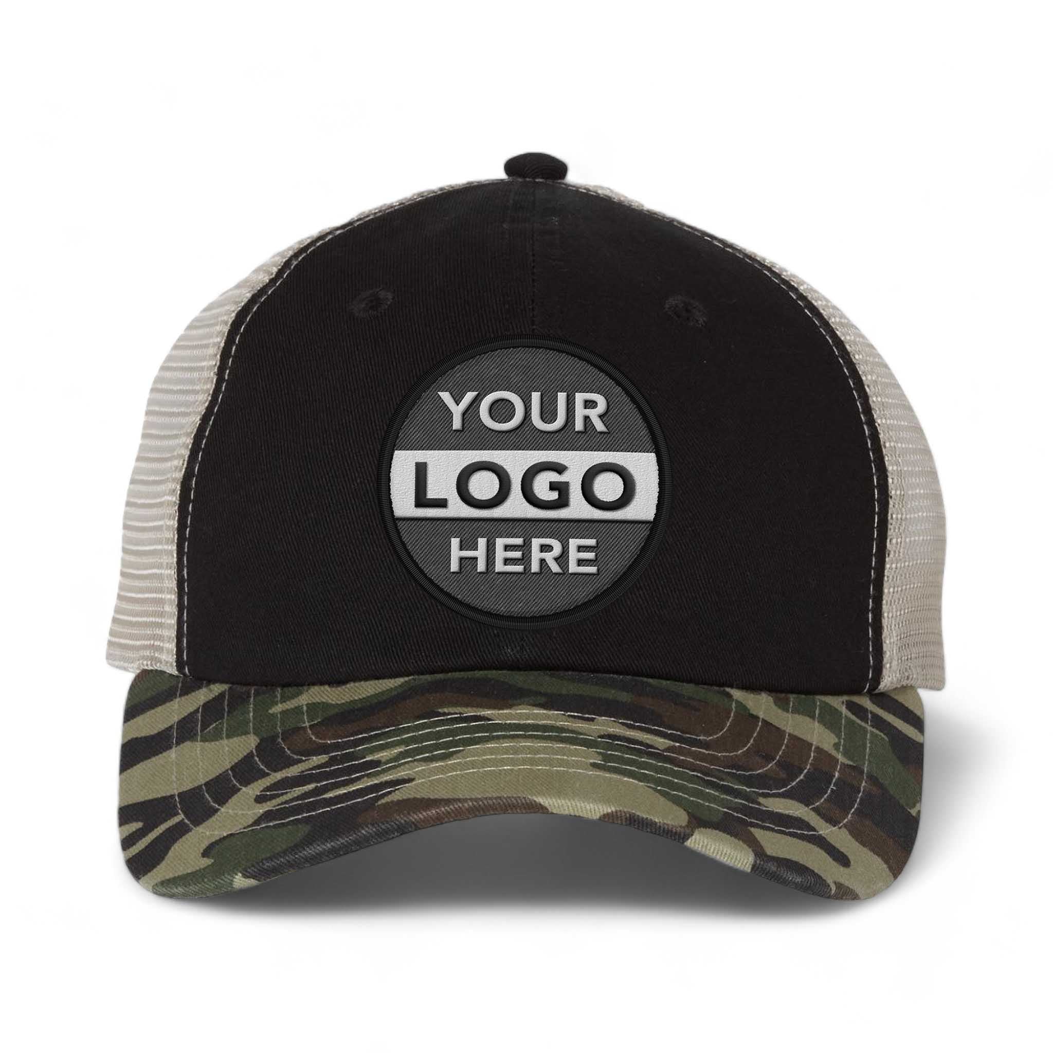 Sportsman 3100 custom embroidered patch hat in black camo and stone