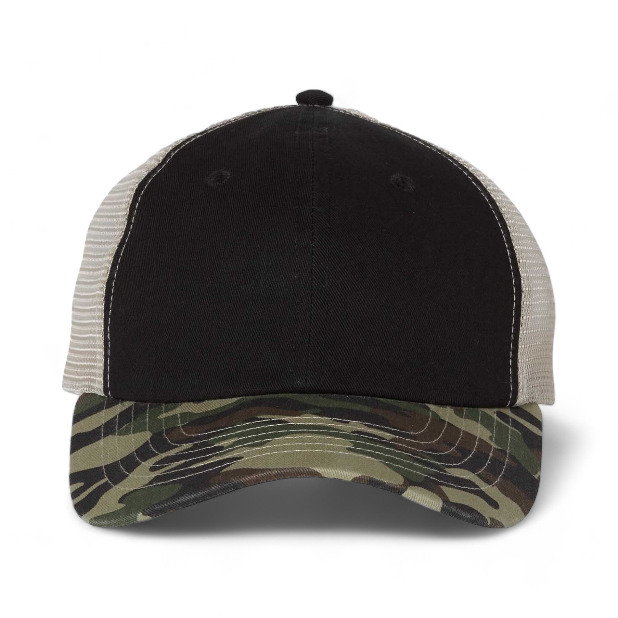 Front view of Sportsman 3100 custom hat in black, camo and stone