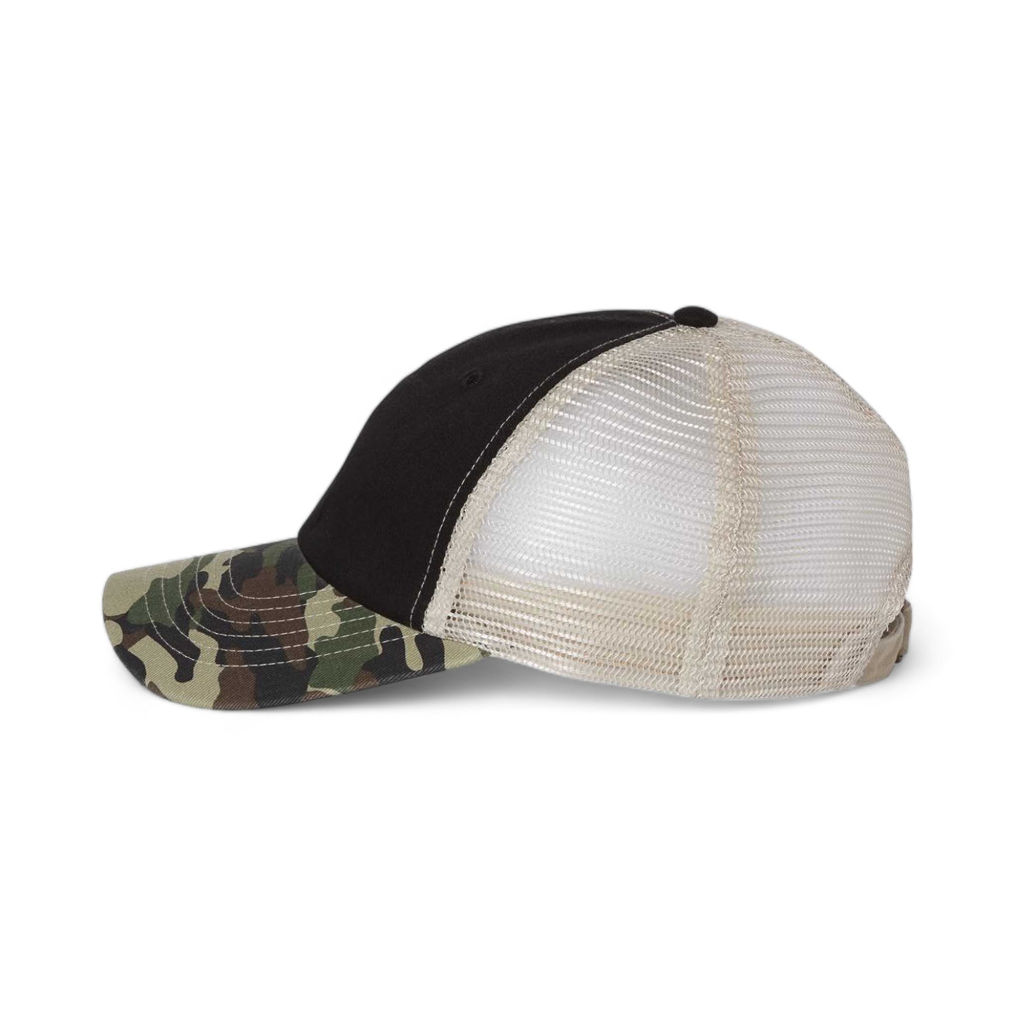Side view of Sportsman 3100 custom hat in black, camo and stone