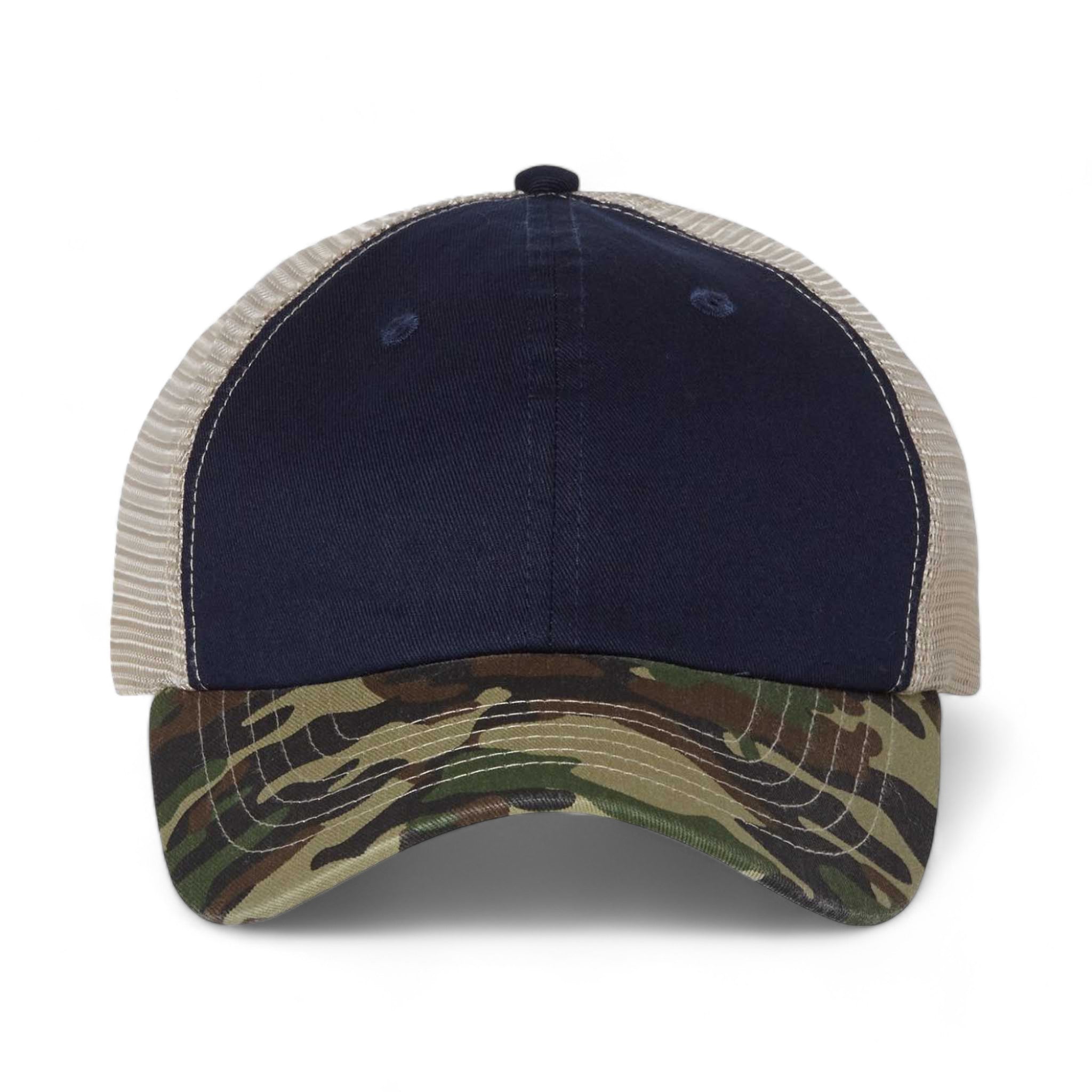 Front view of Sportsman 3100 custom hat in navy, camo and stone