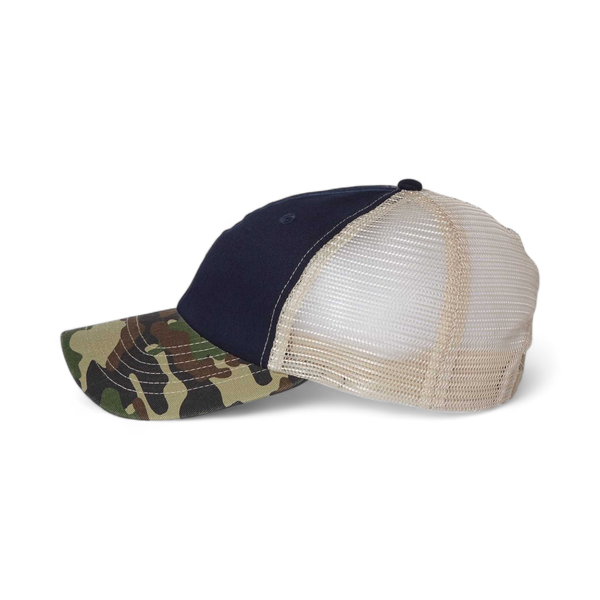 Side view of Sportsman 3100 custom hat in navy, camo and stone