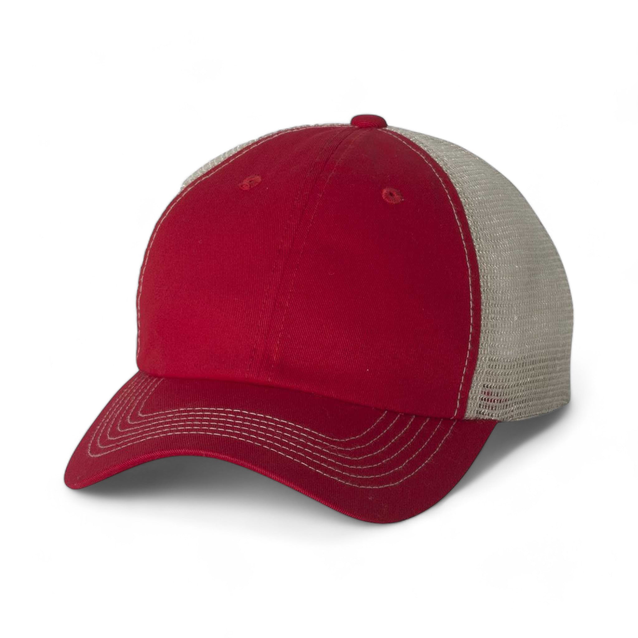 Front view of Sportsman 3100 custom hat in red and stone