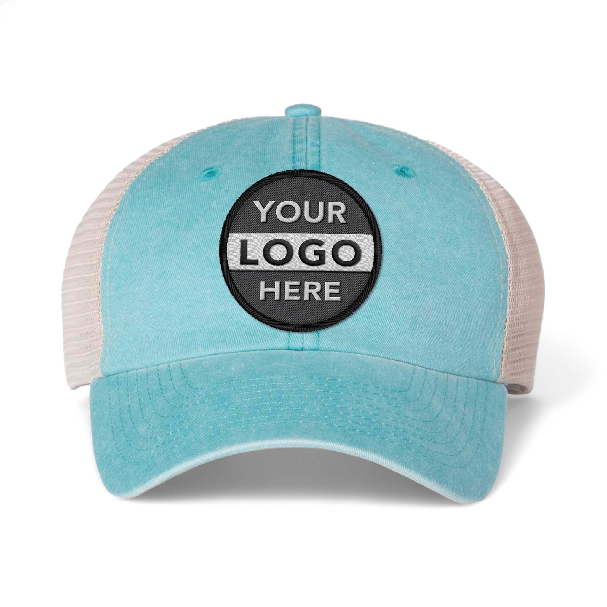 Sportsman SP510 custom embroidered patch hat in aqua and stone