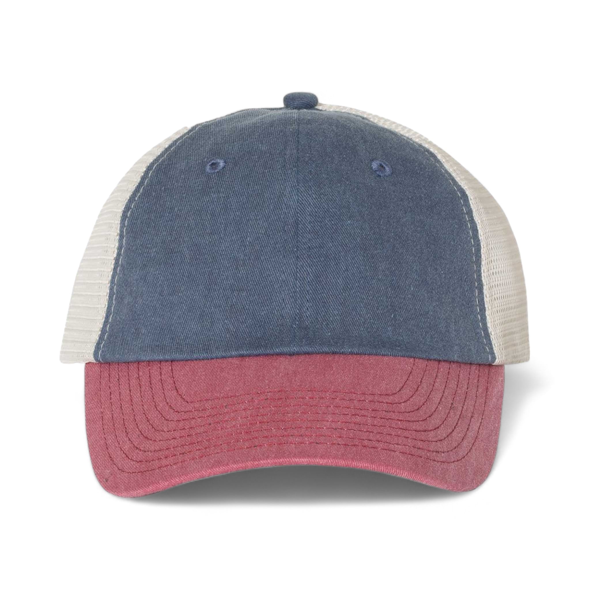 Front view of Sportsman SP510 custom hat in navy, cardinal and stone