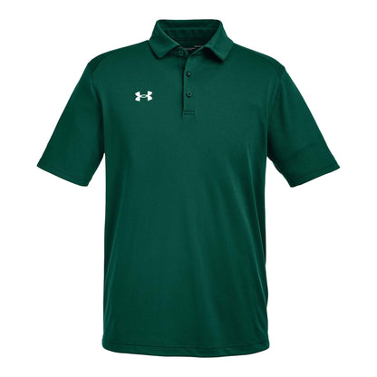 Under Armour 1370399 custom polo in forest green and white, front view
