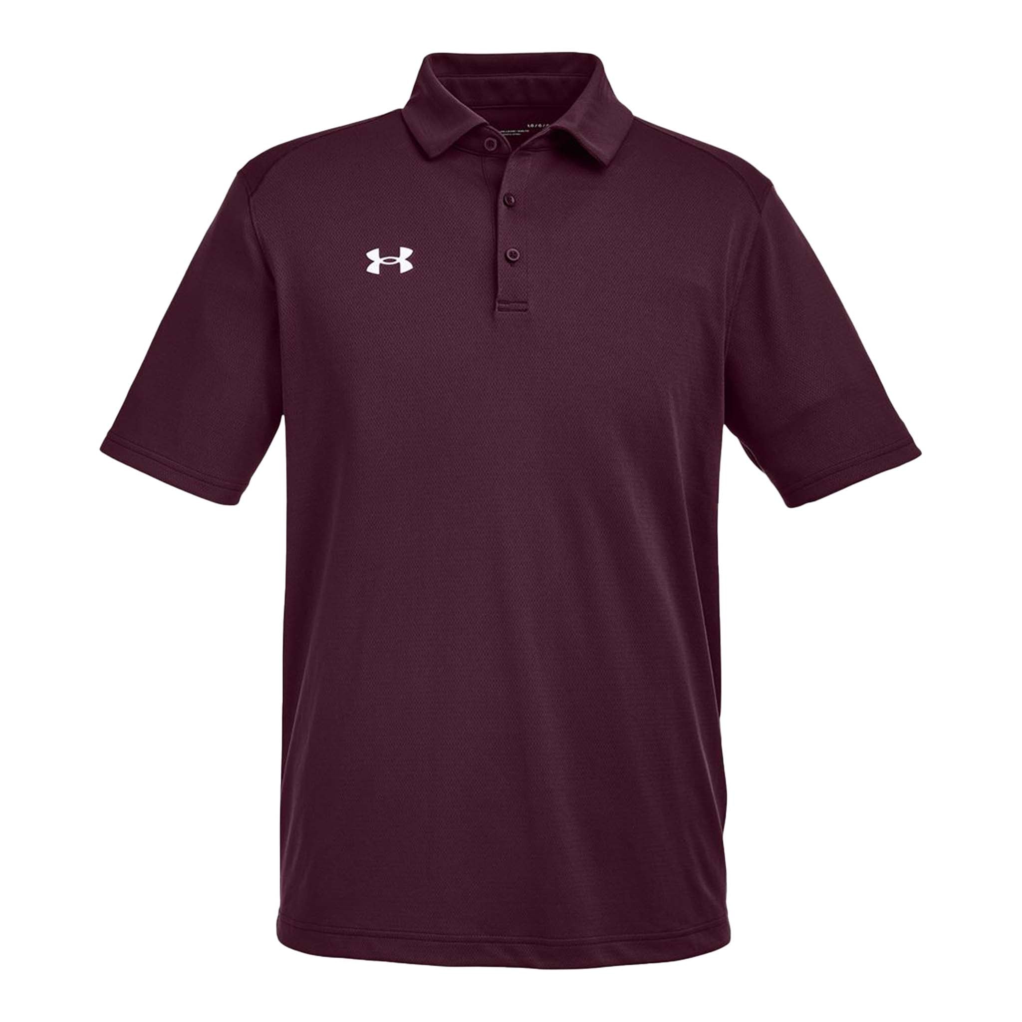 Under Armour 1370399 custom polo in maroon and white, front view