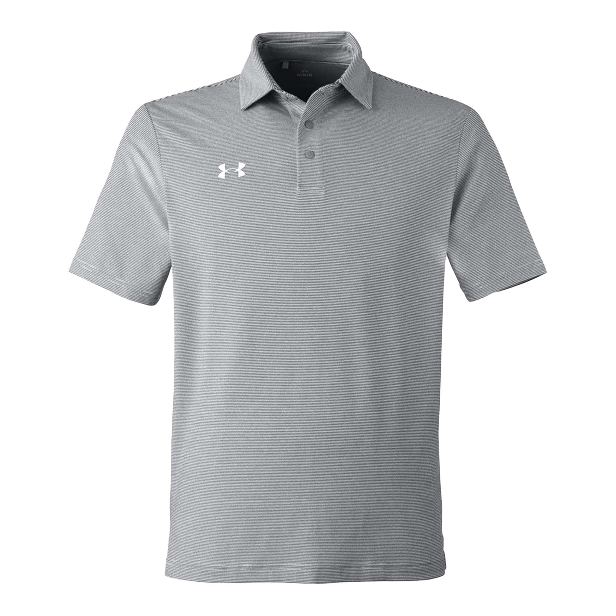 Under Armour 1389853 custom polo in mod grey and white, front view