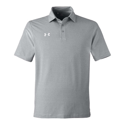 Under Armour 1389853 custom polo in mod grey and white, front view