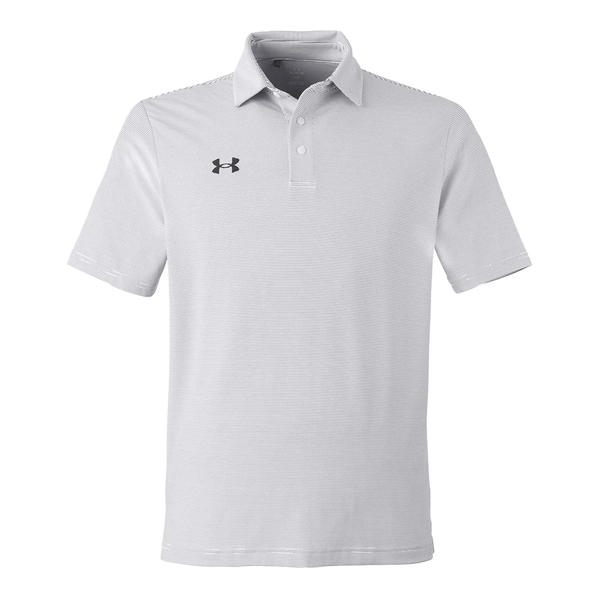 Under Armour 1389853 custom polo in white and black, front view
