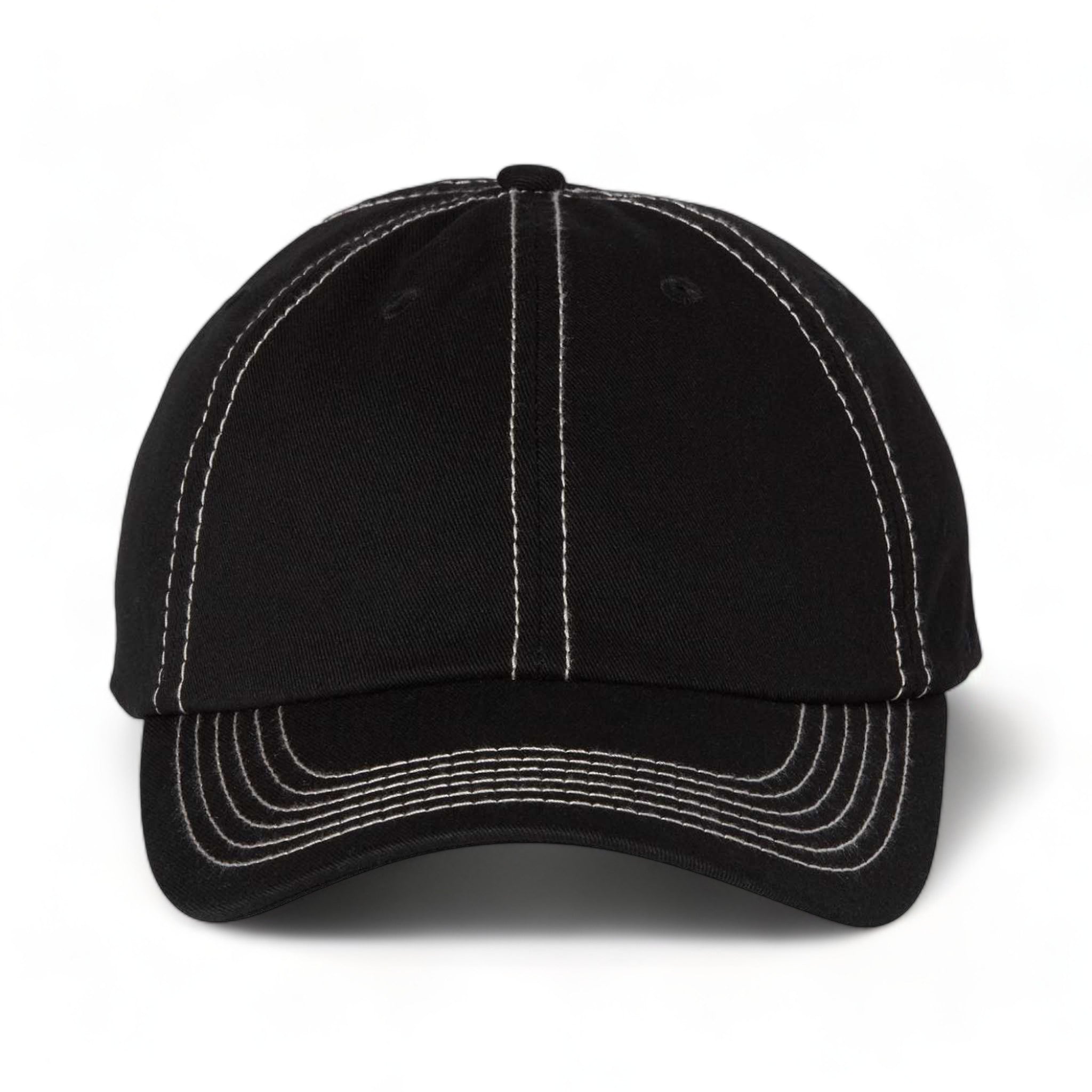 Front view of Valucap VC300A custom hat in black and stone stitch