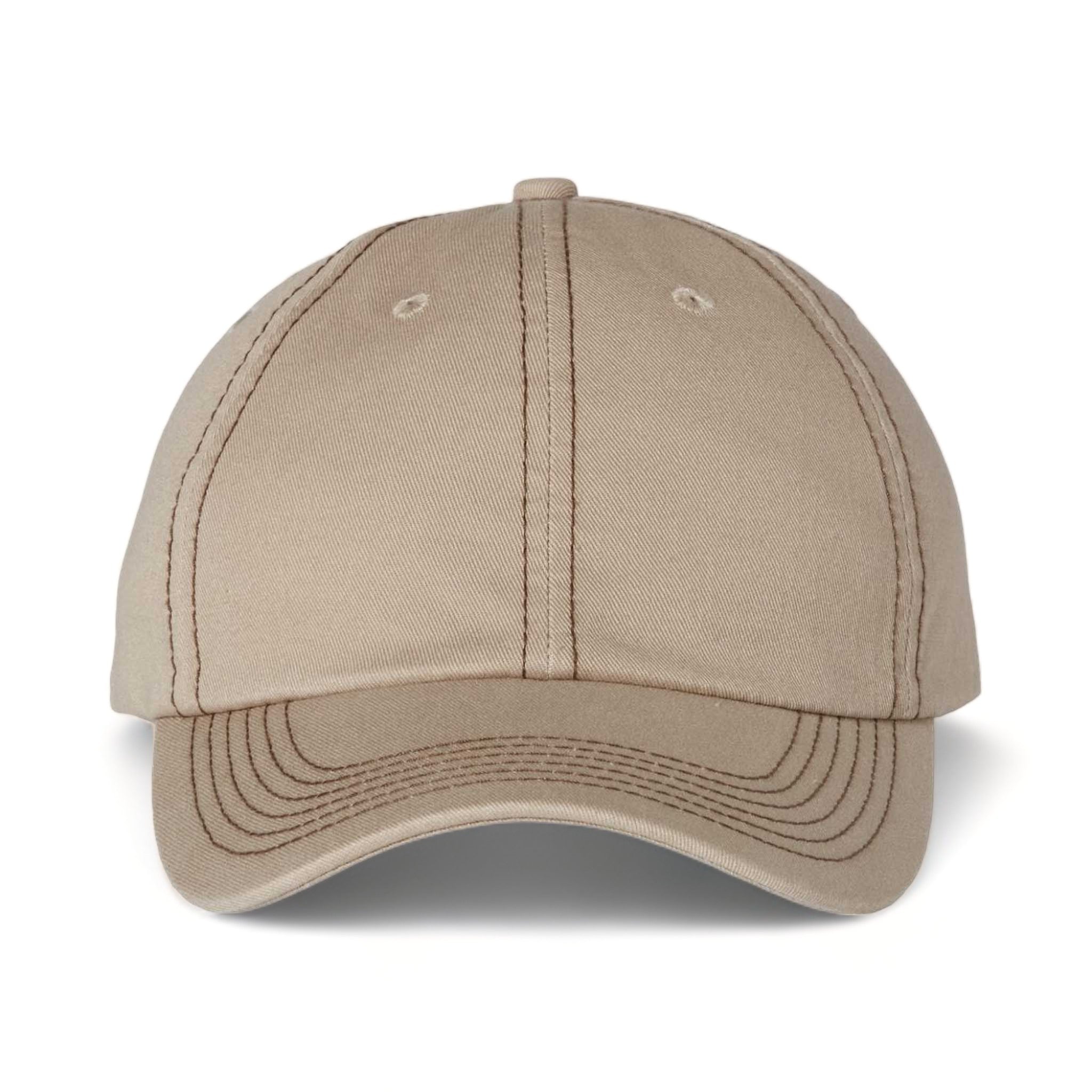 Front view of Valucap VC300A custom hat in khaki and brown stitch