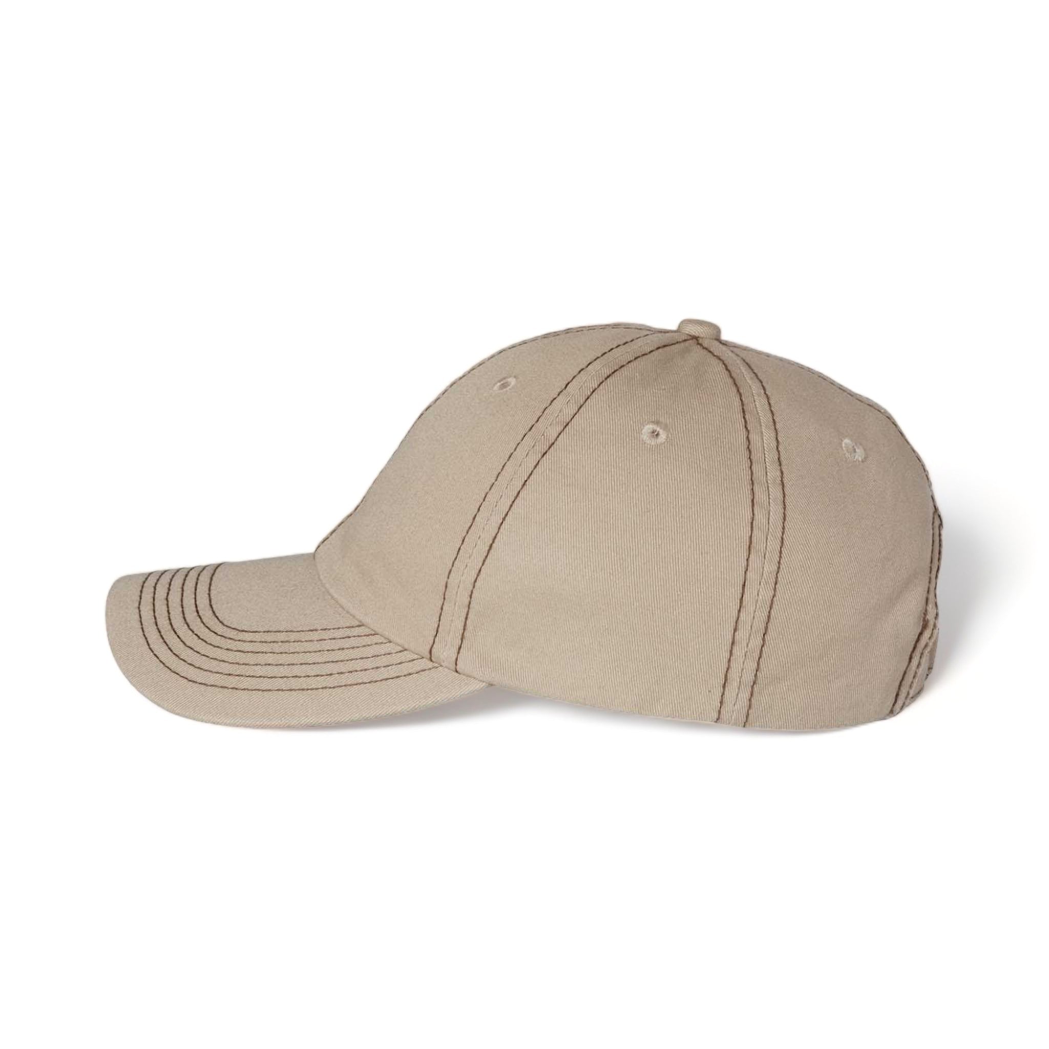 Side view of Valucap VC300A custom hat in khaki and brown stitch