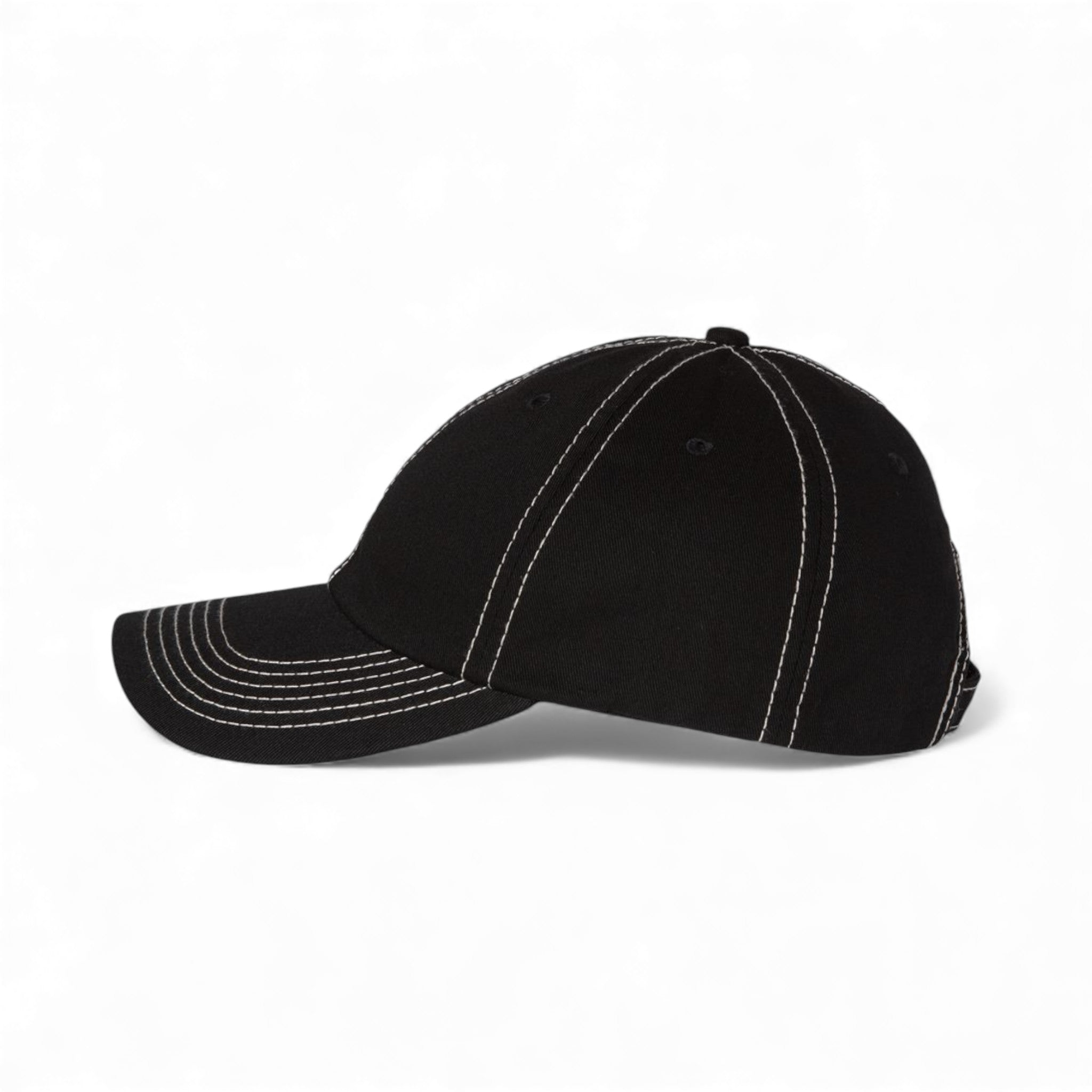 Left side view of Valucap VC300A custom hat in black and stone stitch