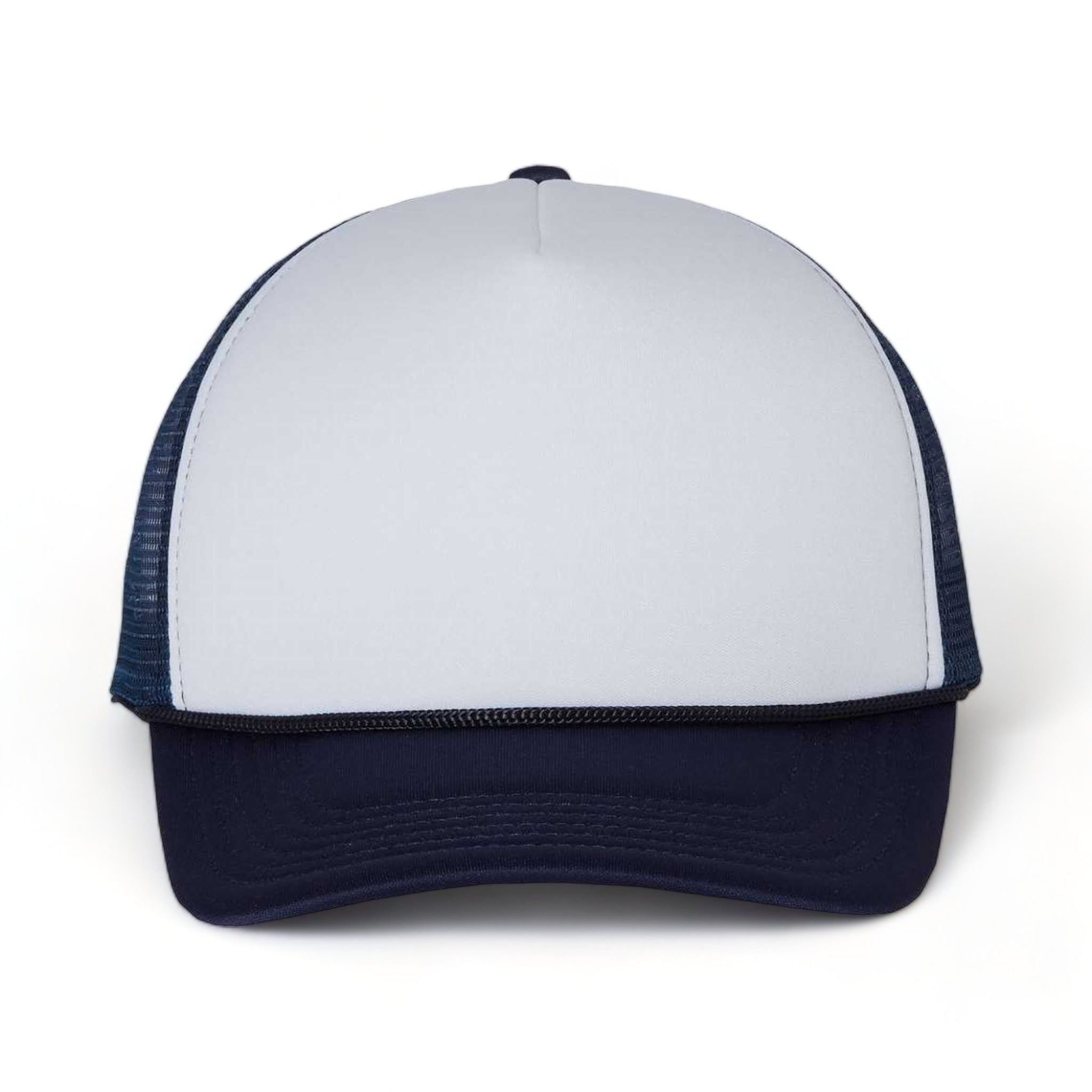 Front view of Valucap VC700 custom hat in white and navy