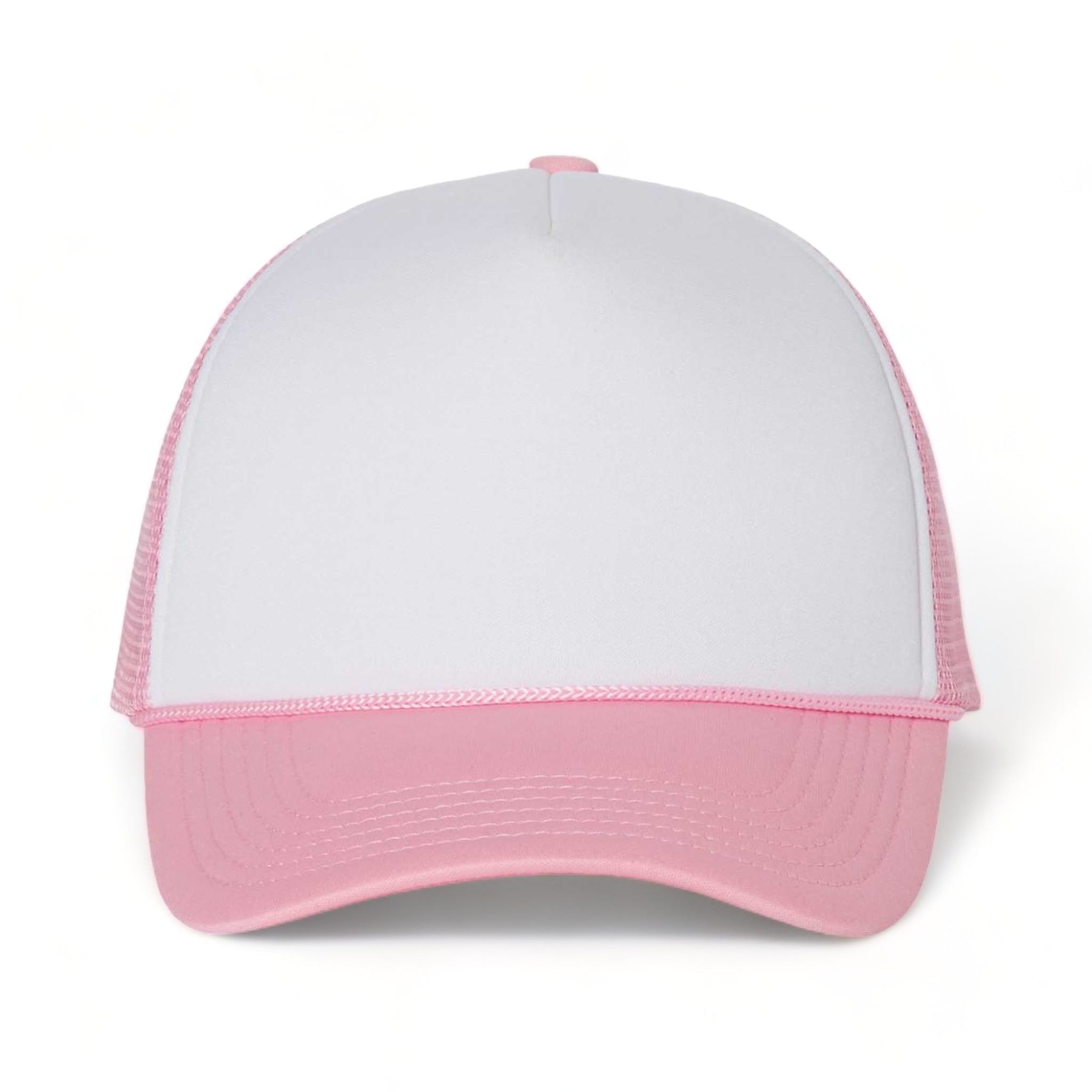 Front view of Valucap VC700 custom hat in white and pink
