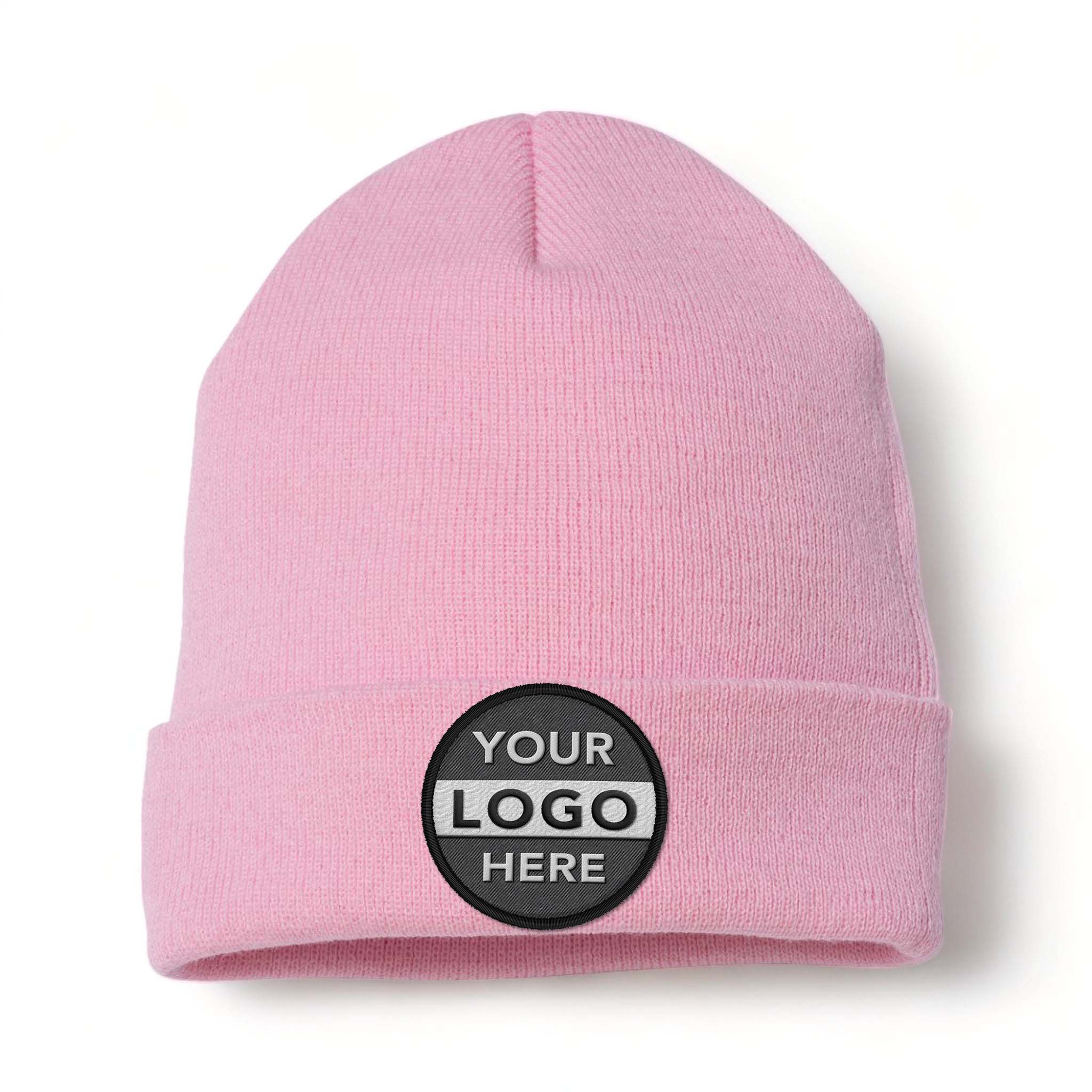 YP Classics 1501KC custom embroidered patch beanie in baby pink