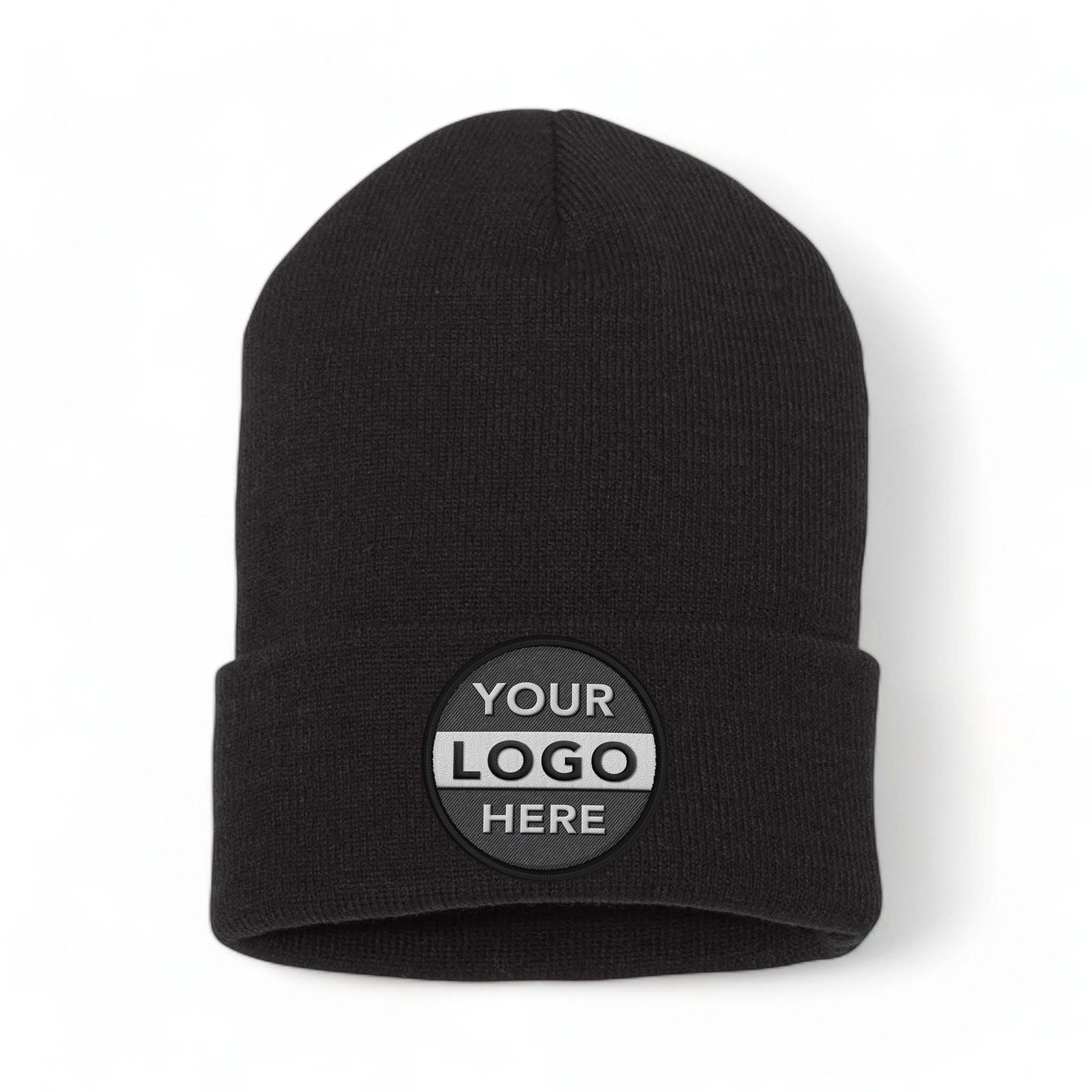 YP Classics 1501KC custom embroidered patch beanie in black