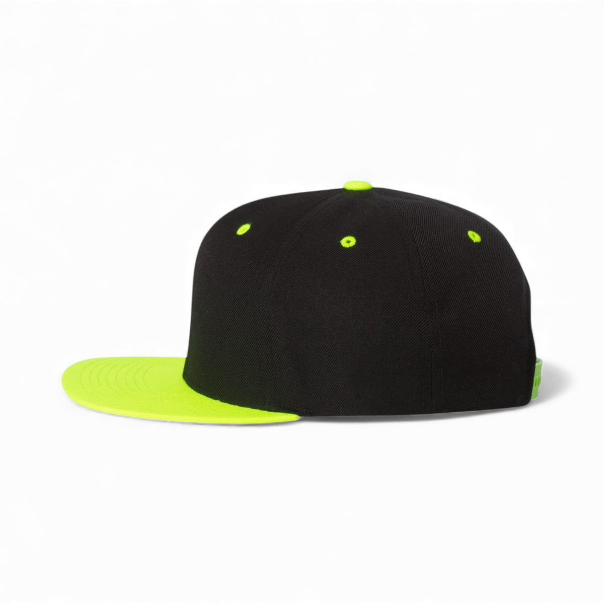 Left side view of YP Classics 6089M custom hat in black and neon green