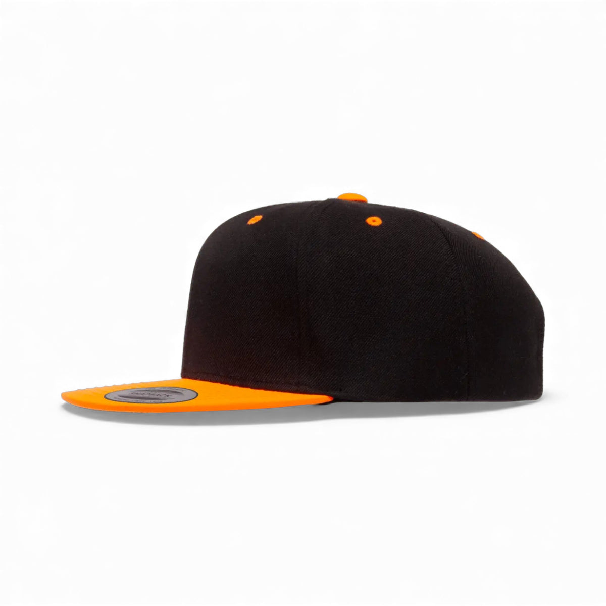 Left side view of YP Classics 6089M custom hat in black and neon orange