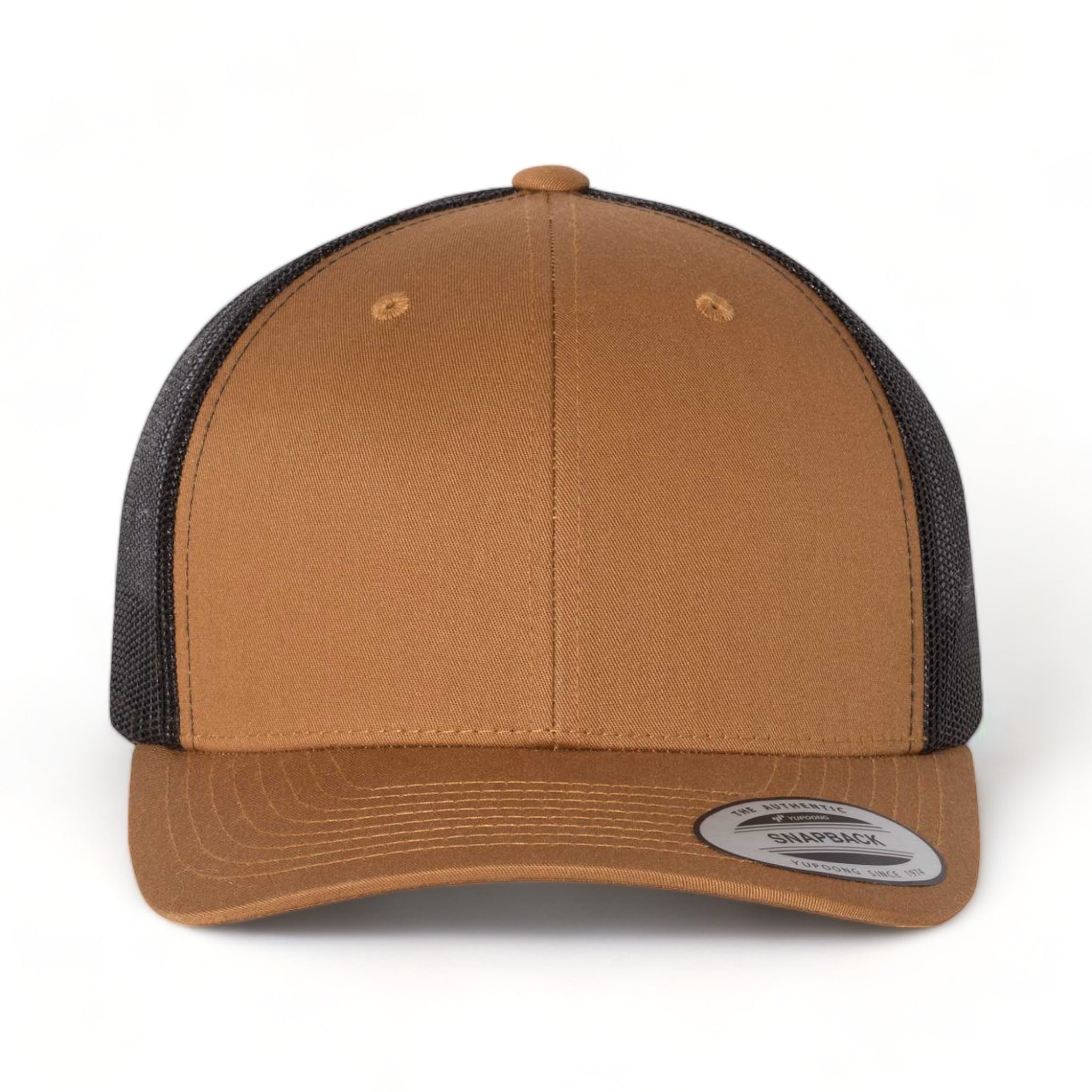 Front view of YP Classics 6606 custom hat in caramel and black