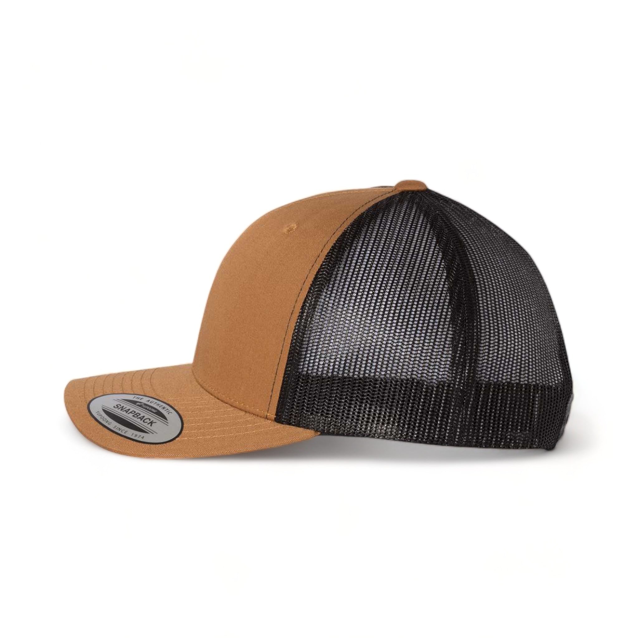 Side view of YP Classics 6606 custom hat in caramel and black