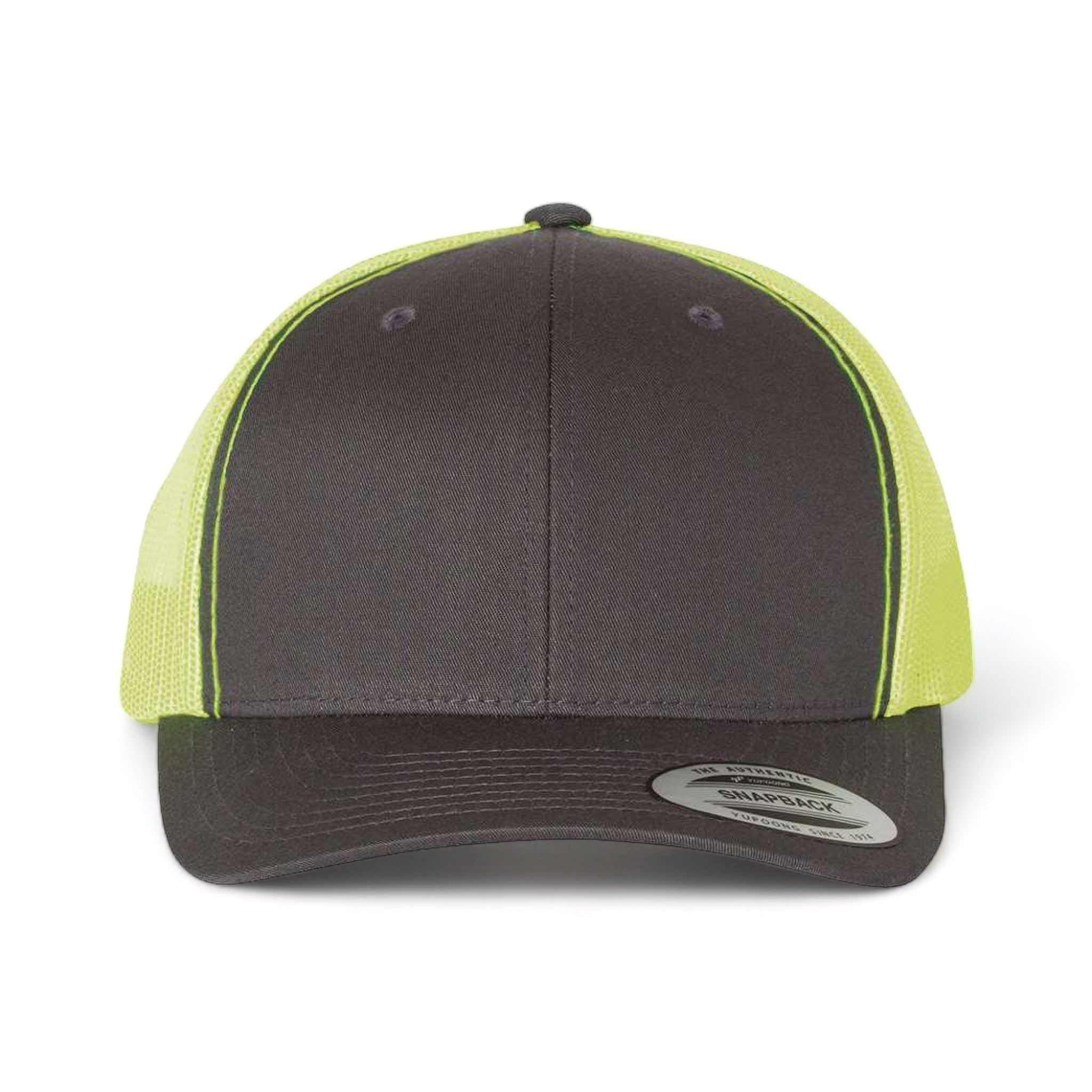Front view of YP Classics 6606 custom hat in charcoal and neon green