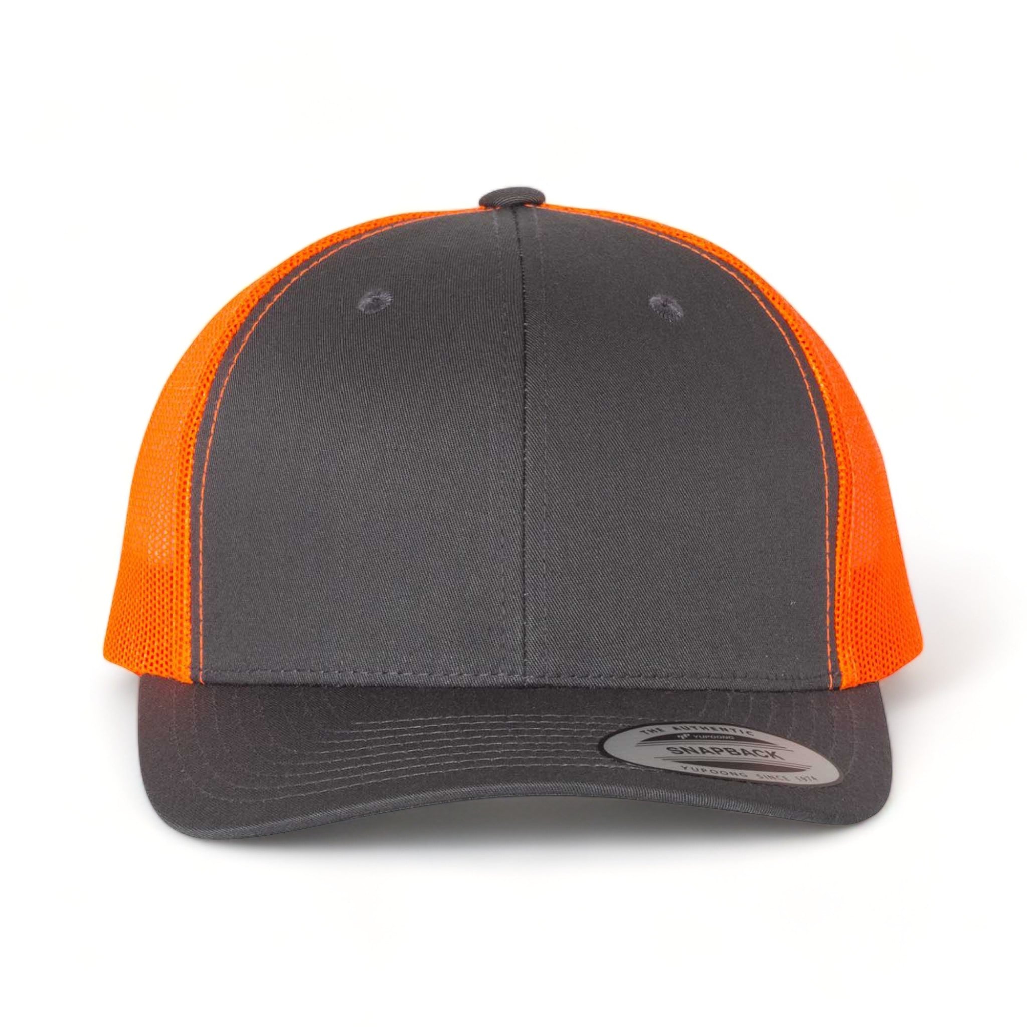 Front view of YP Classics 6606 custom hat in charcoal and neon orange