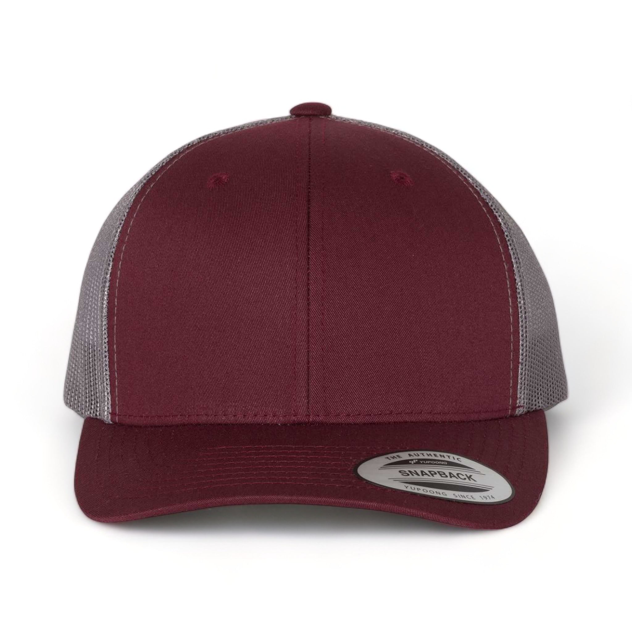 Front view of YP Classics 6606 custom hat in maroon and grey
