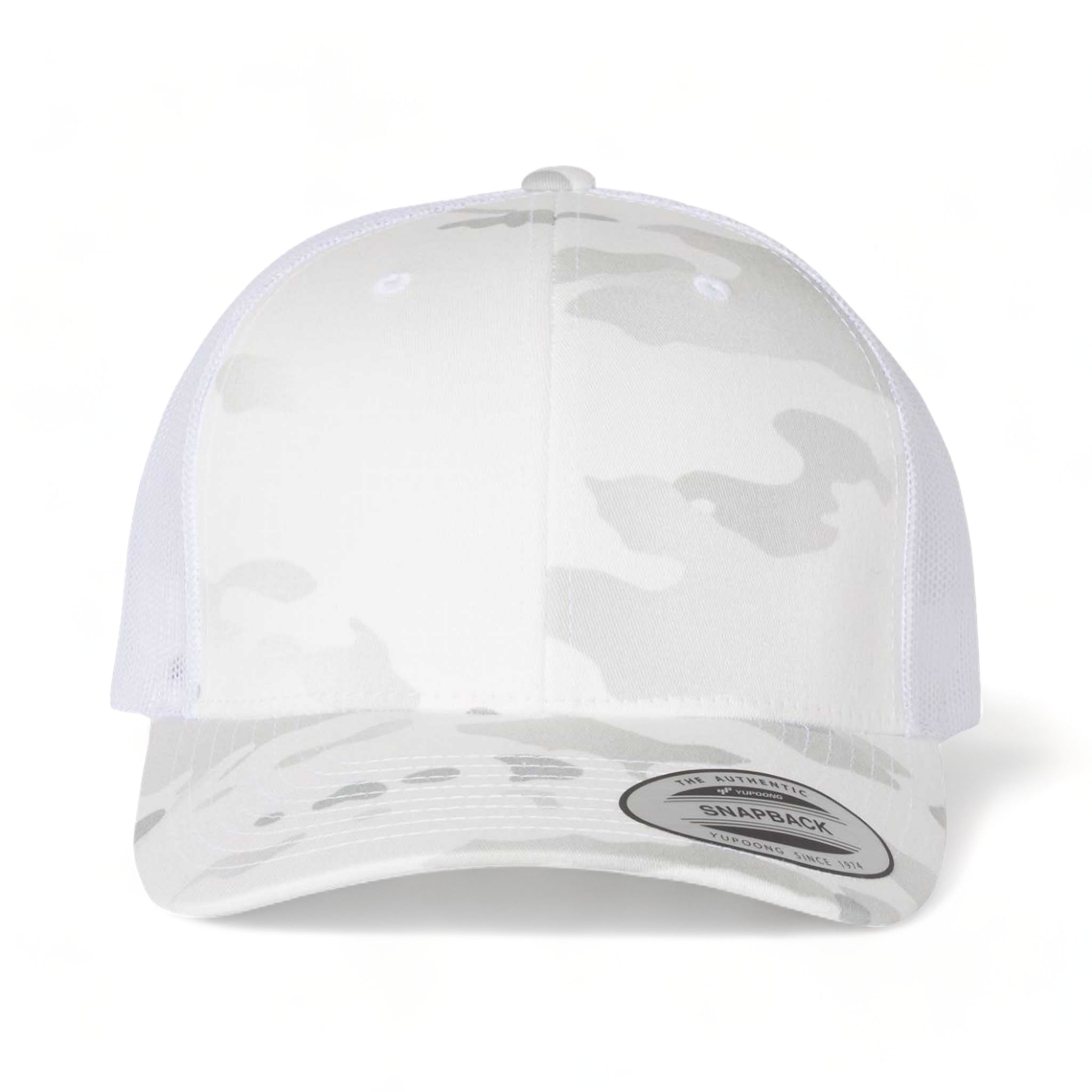 Front view of YP Classics 6606 custom hat in multicam alpine and white