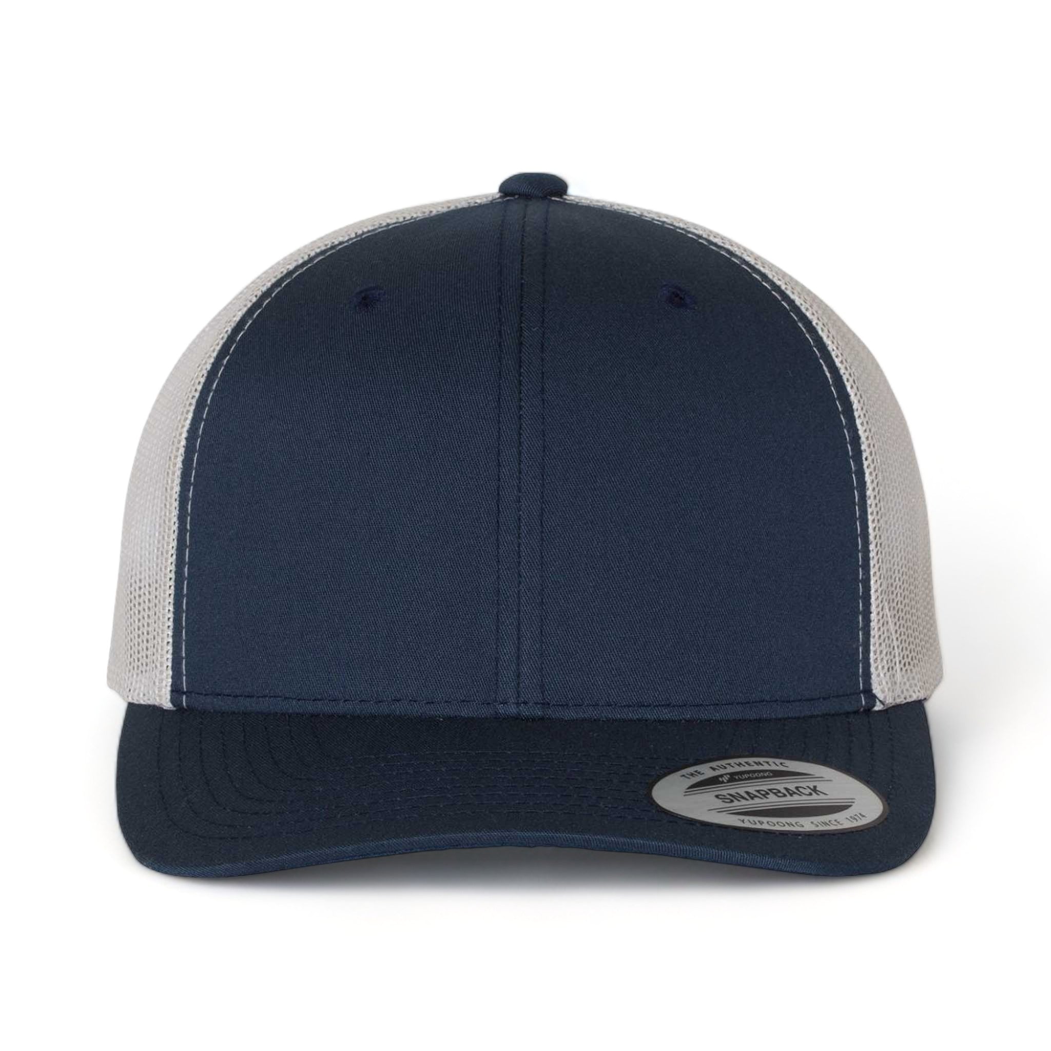 Front view of YP Classics 6606 custom hat in navy and silver