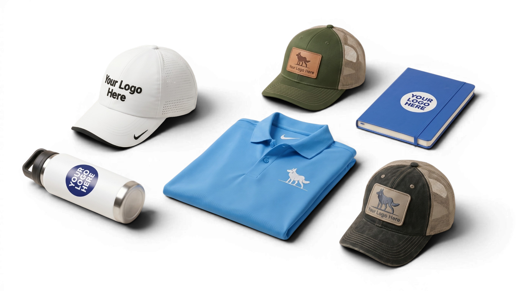 Collection of branded merchandise including hats, a shirt, a notebook, and a water bottle on a white background.